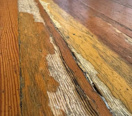 A small section of the worn flooring in the Carnegie section of the Oregon City Public Library