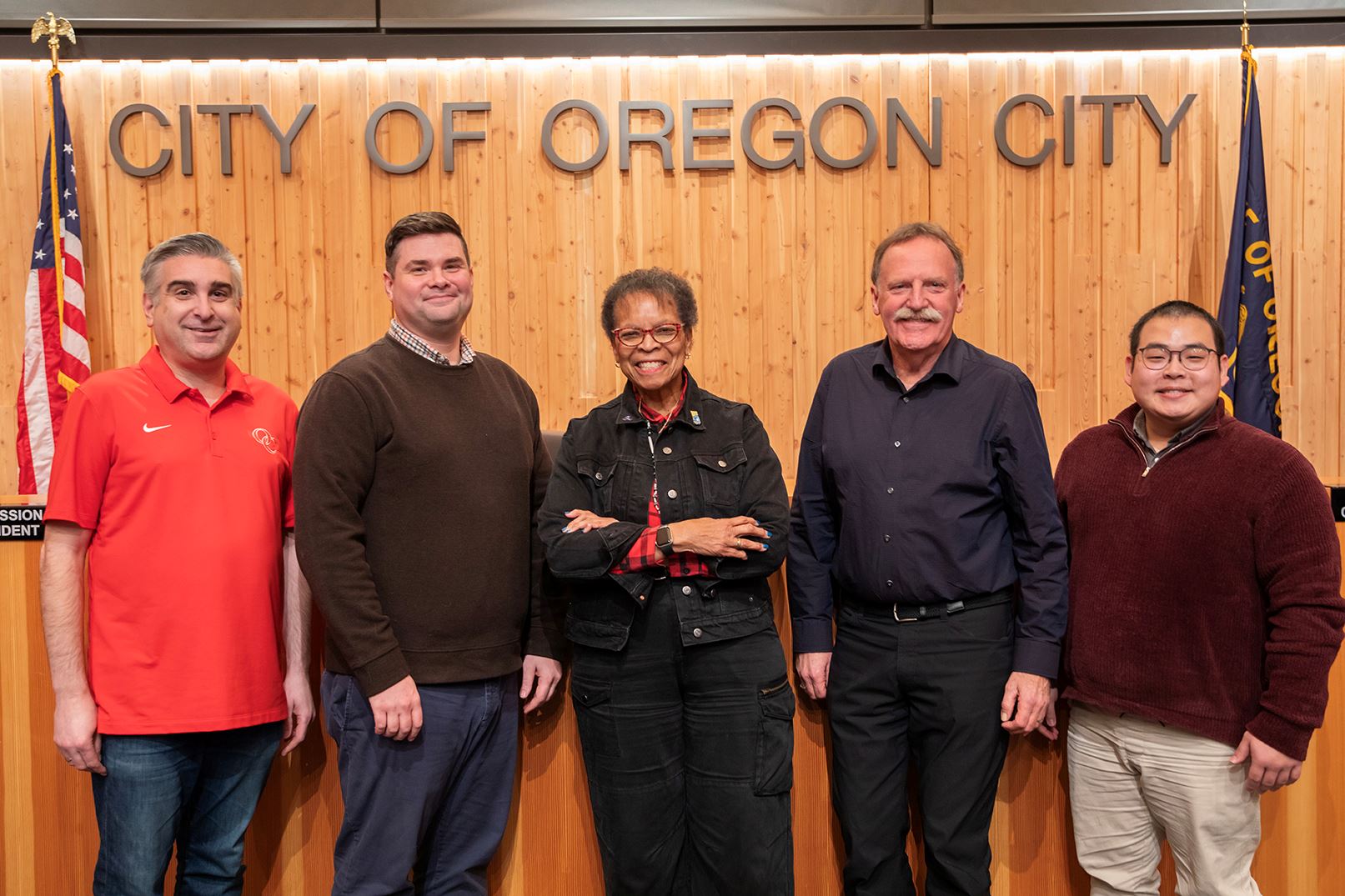 Oregon City Commissioners Rocky Smith, Scott Wilson, Adam Marl and Mike Mitchel with Mayor Denyse Mc