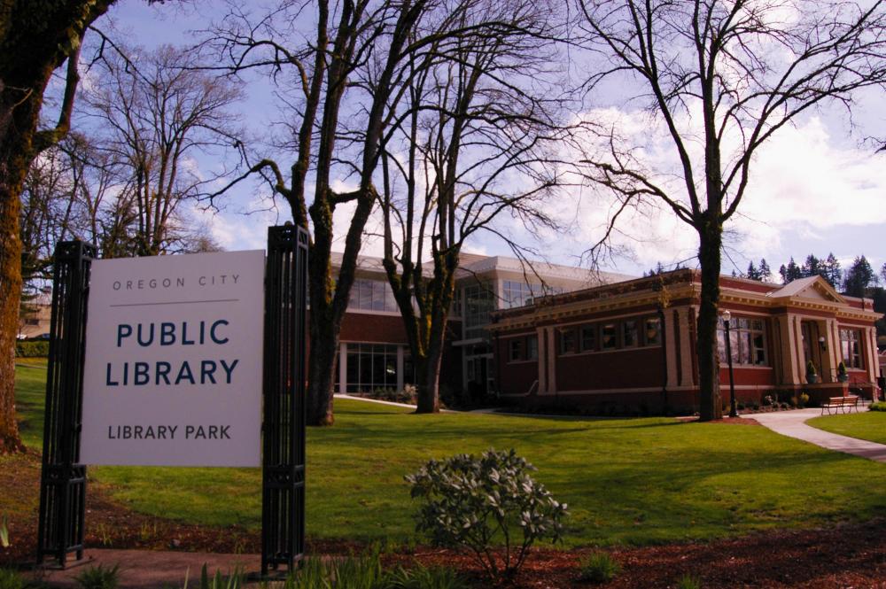 Public Library Full View with Sign, Sunny