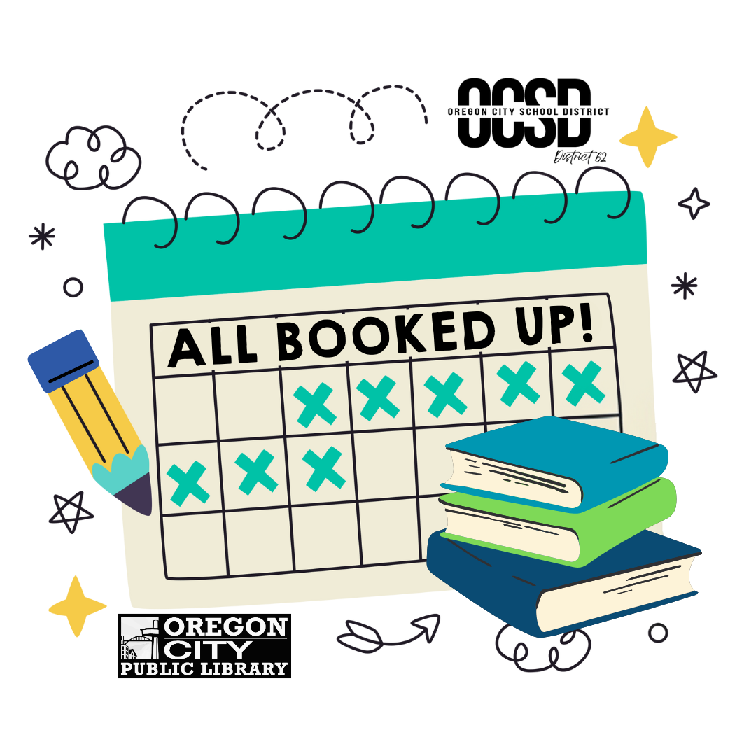 calendar with days marked off. stack of books.