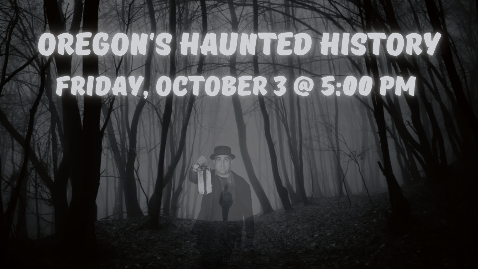 black white photo in forest, ghostly image with a person walking down the trail