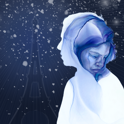 a man looking at Eiffel tower with a woman looking away blue hues