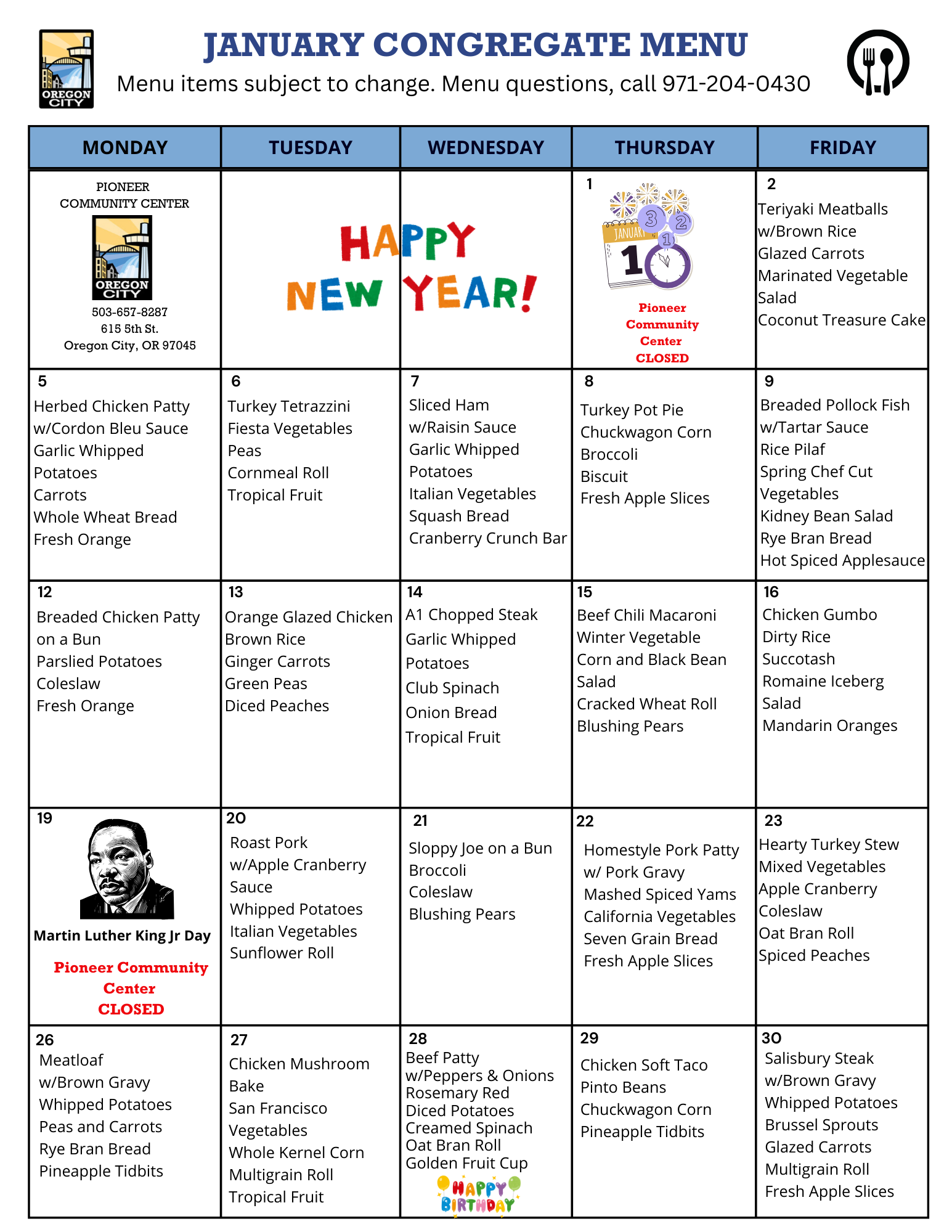January 2026 Congregate Menu