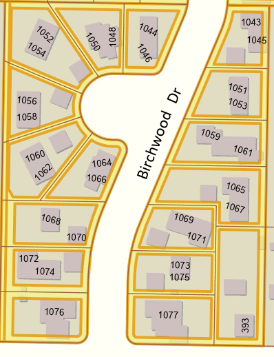 Example of a map showing a public easement utility on Birchwood Dr.