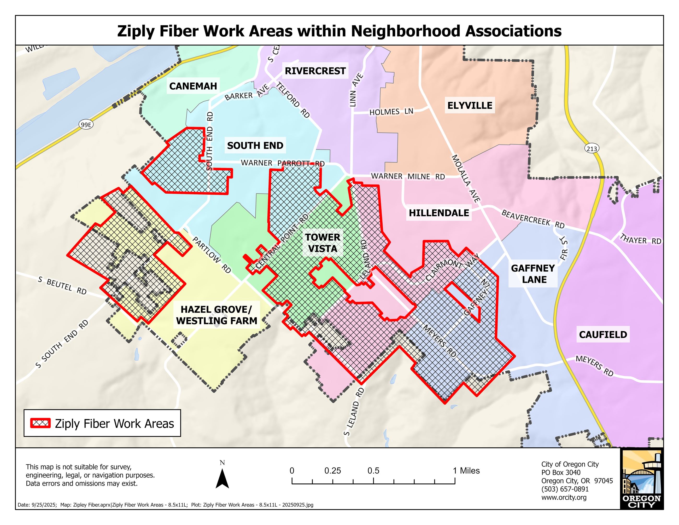 Map Displaying Ziply Work Areas within Oregon City Neighborhood Associations 
