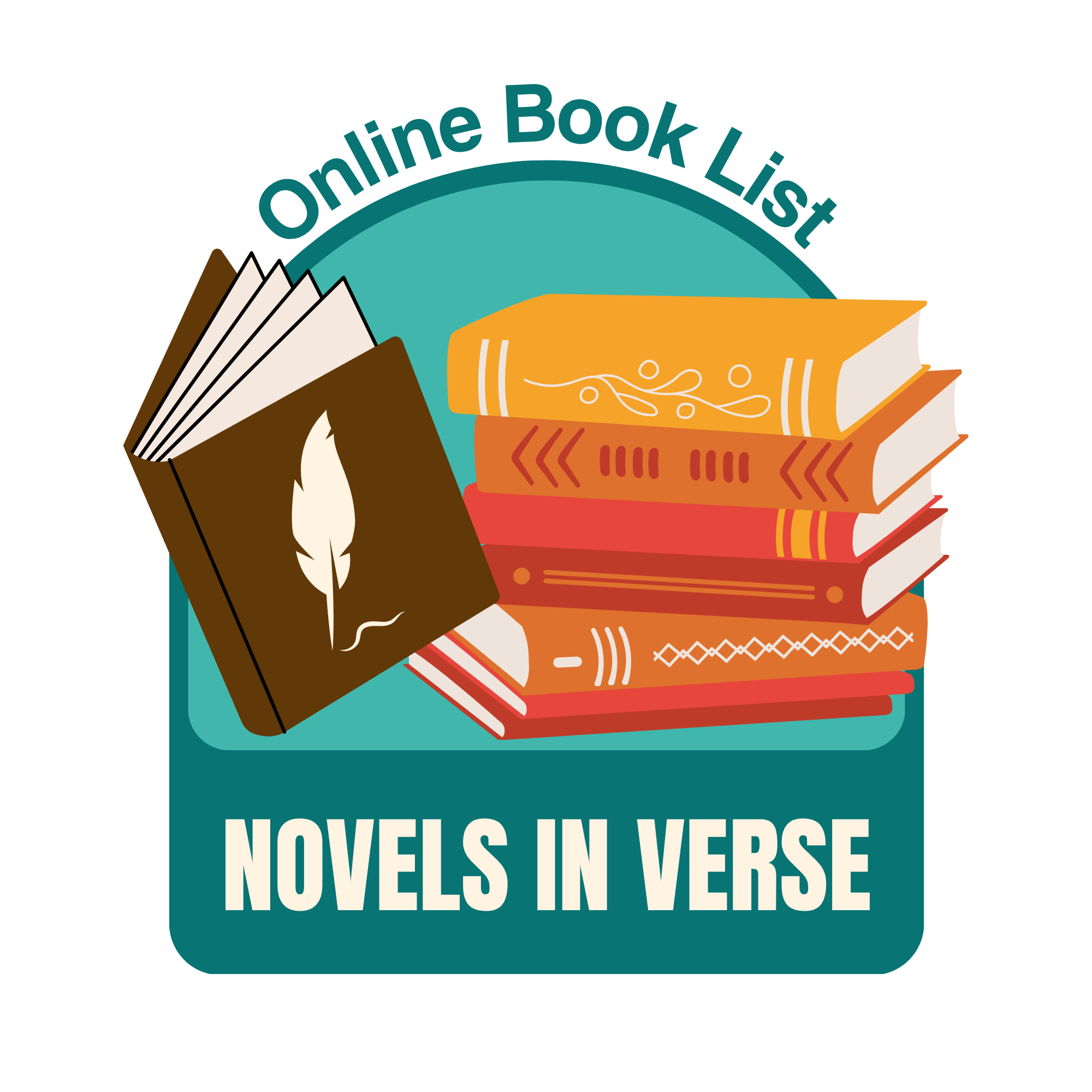 stack of books and a quill pen